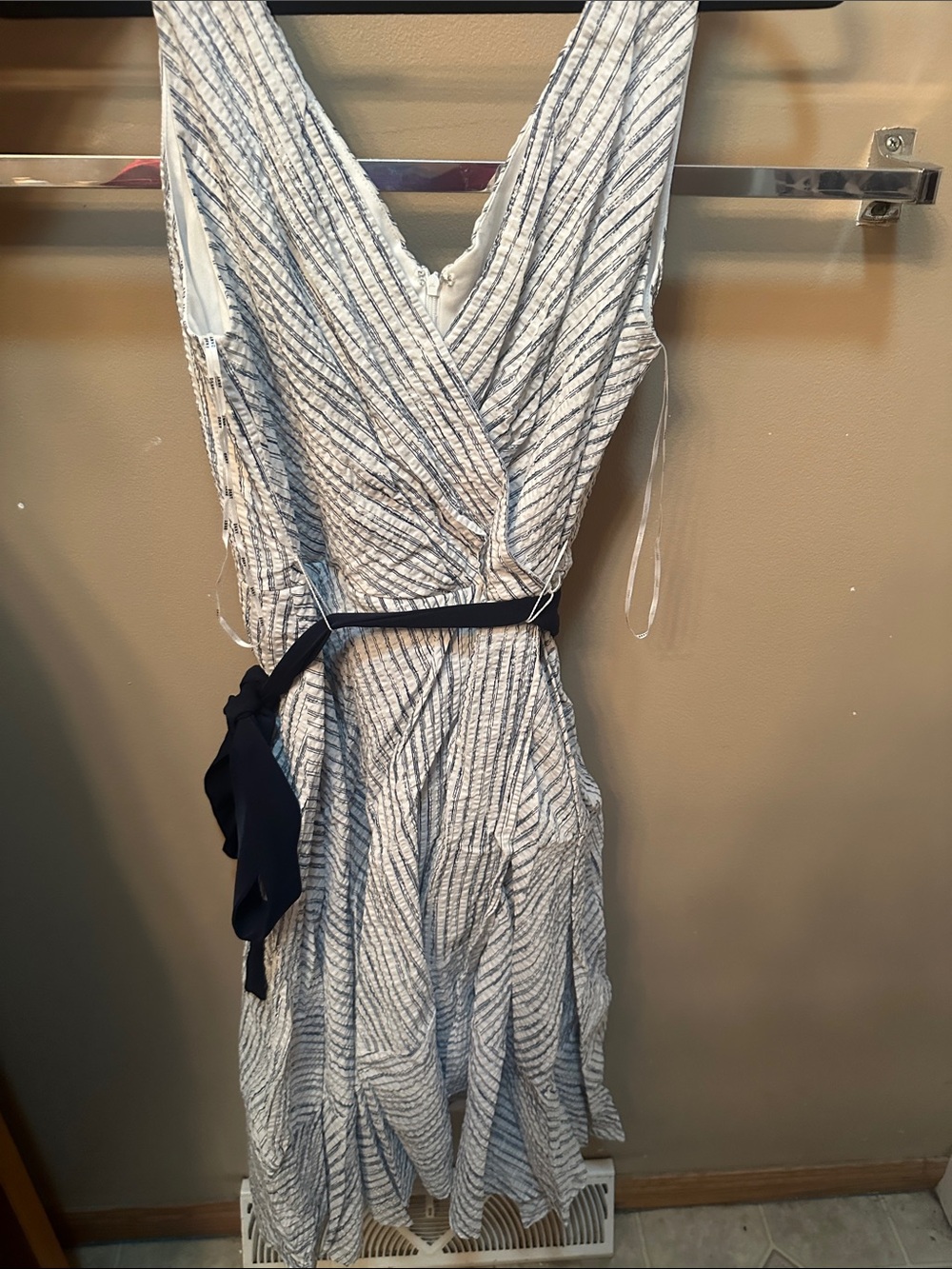 DKNY White and Navy Striped One-Shoulder Wrap Dress with Navy Waist Tie